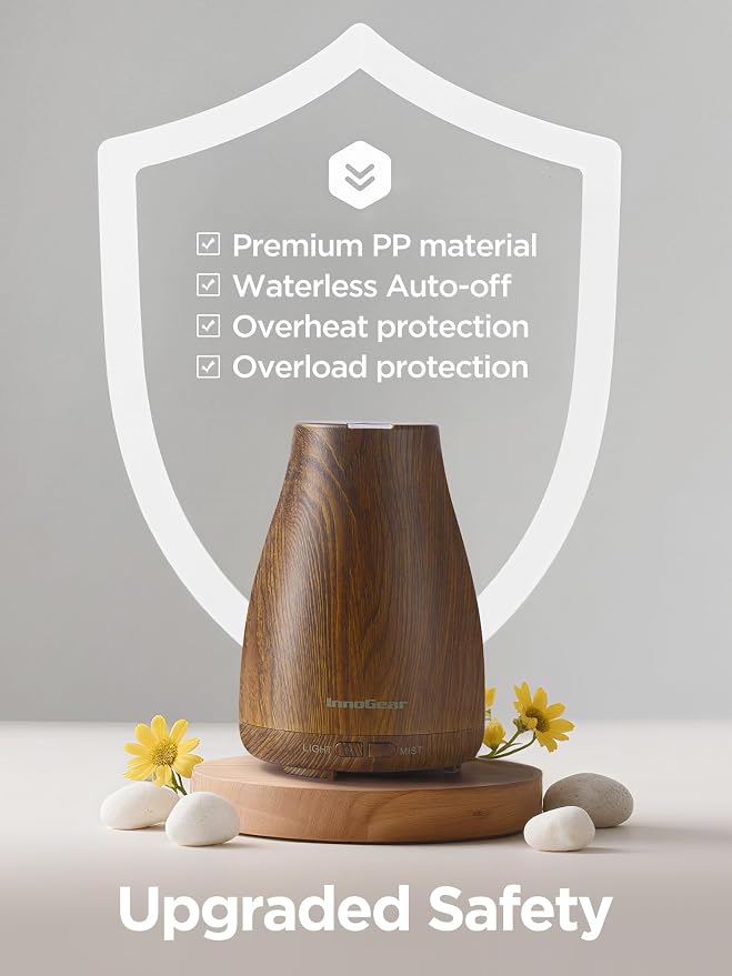 Essential Oil Diffuser, Ultrasonic Diffusers for Home Aromatherapy Humidifier for Bedroom Room 7 Colors LED 2 Mist Mode Auto