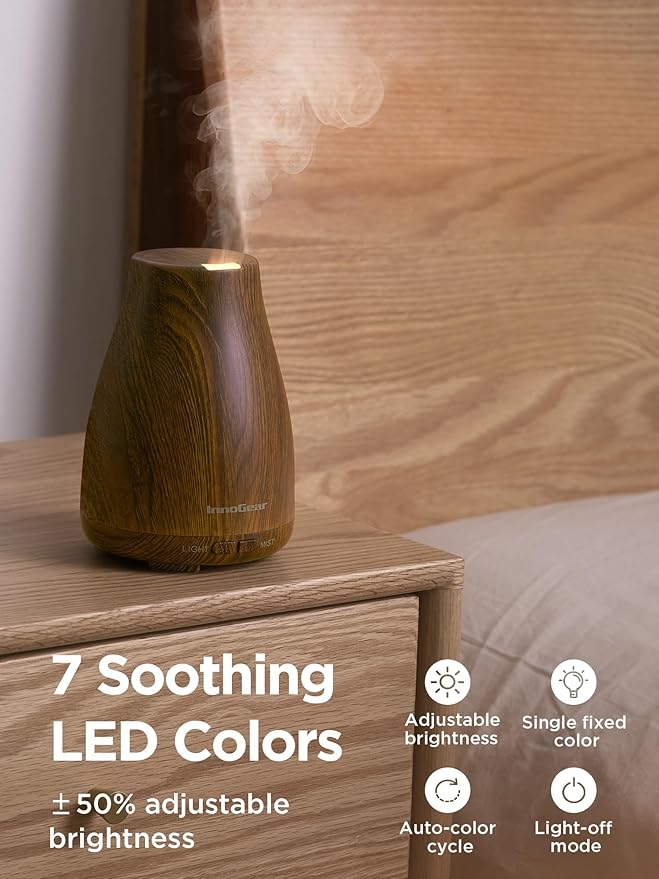 Essential Oil Diffuser, Ultrasonic Diffusers for Home Aromatherapy Humidifier for Bedroom Room 7 Colors LED 2 Mist Mode Auto