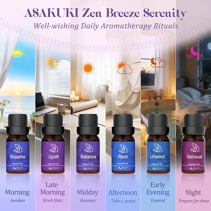 Essential Oils for Diffuser – 6 Mood Essential Oil Blends (Breathe, Uplift, Sensual, Balance, Unwind, Rest) for Morning to