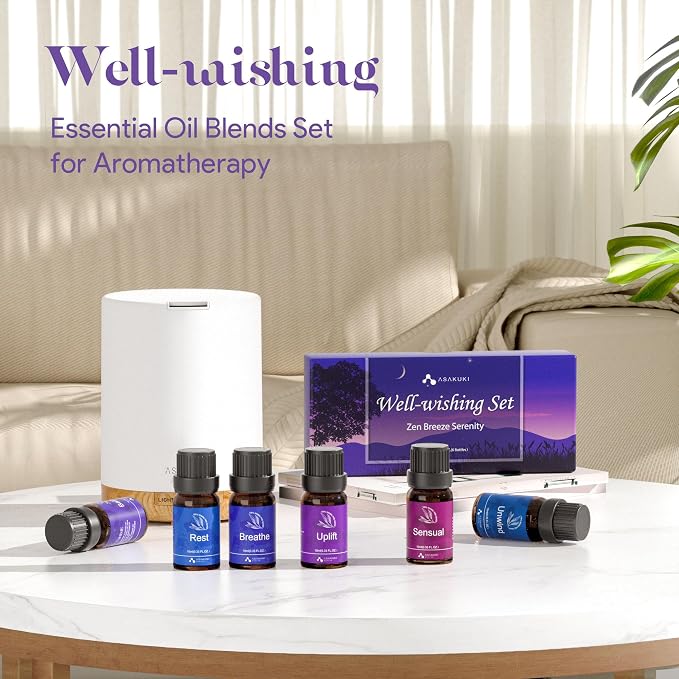 Essential Oils for Diffuser – 6 Mood Essential Oil Blends (Breathe, Uplift, Sensual, Balance, Unwind, Rest) for Morning to
