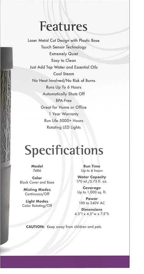 Essential Oils, Metal Touch Ultrasonic Aromatherapy Oil Diffuser, Extremely Quiet and Heat Free, Color Changing LED