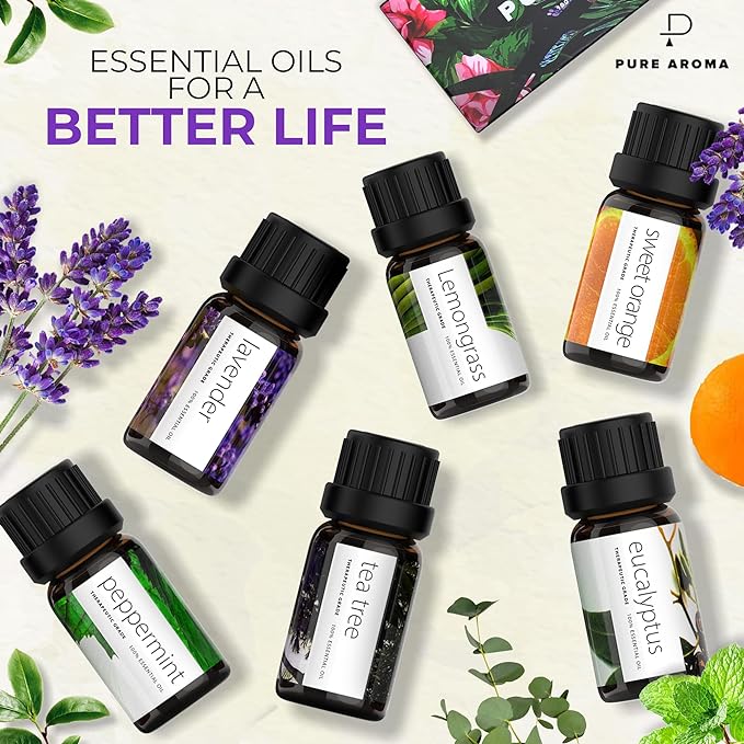 Essential Oils Set by - Top 6 Aromatherapy Oils Gift Set-6 Pack, 10ml (Eucalyptus, Lavender, Lemongrass, Sweet Orange
