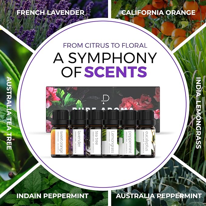 Essential Oils Set by - Top 6 Aromatherapy Oils Gift Set-6 Pack, 10ml (Eucalyptus, Lavender, Lemongrass, Sweet Orange