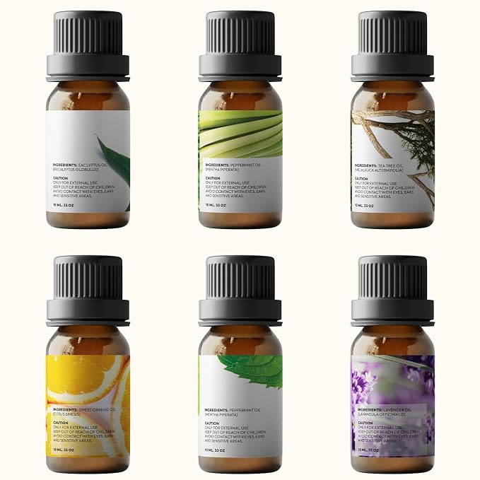 Essential Oils Set by - Top 6 Aromatherapy Oils Gift Set-6 Pack, 10ml (Eucalyptus, Lavender, Lemongrass, Sweet Orange