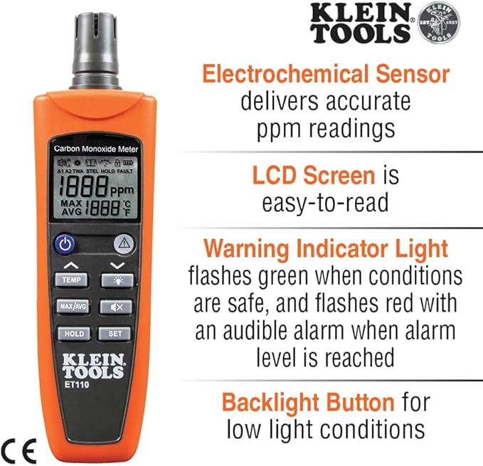 ET110 CO Meter, Carbon Monoxide Tester and Detector with Exposure Limit Alarm, 4 x AAA Batteries and Carry Pouch, alternate