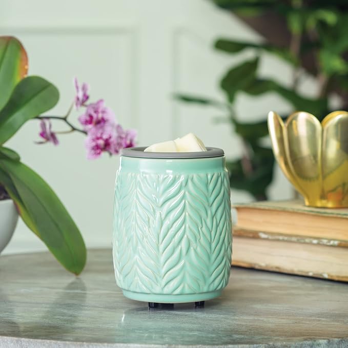 ETC. Wax Melt Fragrance Warmer for Scented Wax Melts, Cubes, Tarts with Silicone Dish Top|Mint Tropical Leaves Ceramic