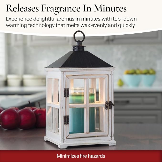 Etc. White Wooden Farmhouse Candle Warmer Lantern – for Top-Down Warming & Flame-Free Fragrance, alternate product view 2