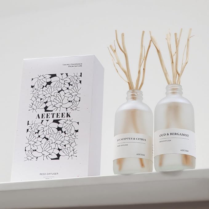 Eucalyptus Citrus & Oud Bergamot Reed Diffuser Set of 2, 14.8 oz(220mlx2) Scented Oils with Willow Branches Diffuser Sticks