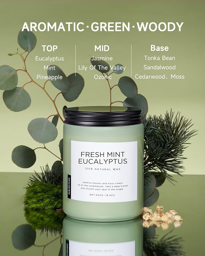 Eucalyptus & Mint Scented Jar Candle, Large 19.4oz Natural Soy Wax, 110-Hour Long Lasting made from natural materials