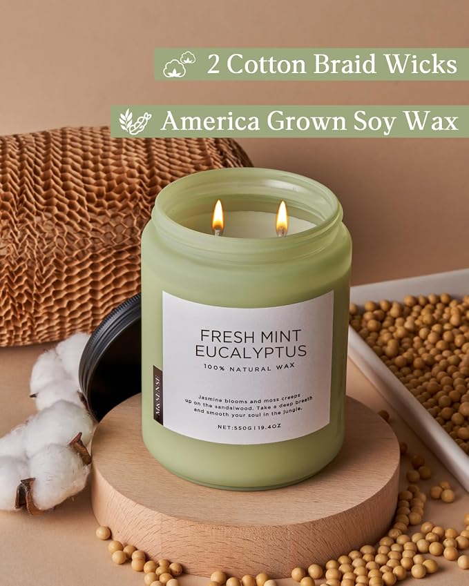 Eucalyptus & Mint Scented Jar Candle, Large 19.4oz Natural Soy Wax, 110-Hour Long Lasting made from natural materials