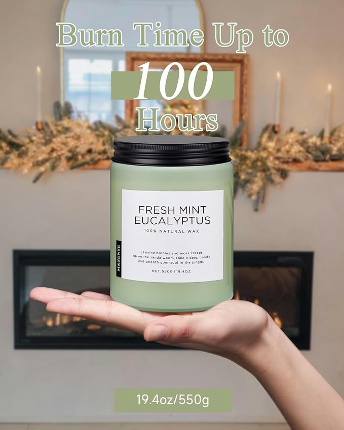 Eucalyptus & Mint Scented Jar Candle, Large 19.4oz Natural Soy Wax, 110-Hour Long Lasting made from natural materials