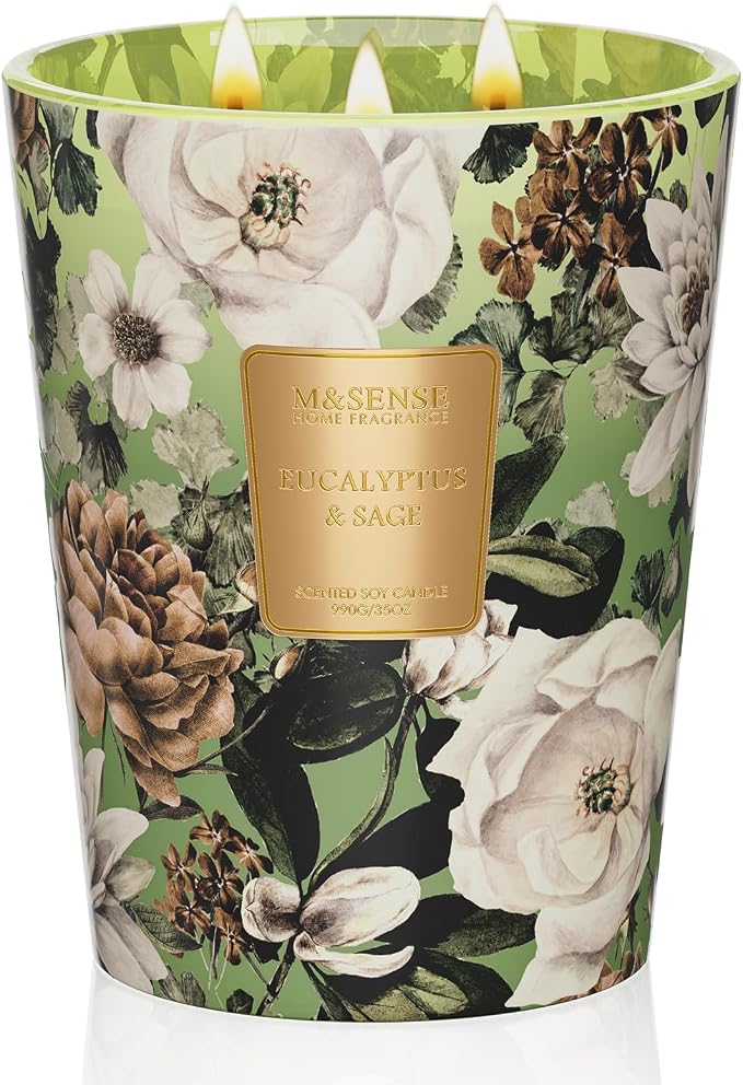 Eucalyptus Sage Soy Large Candles, 3-Wick 35oz 150H Slow Burning, Aromatherapy Candle for Sleep Support Winter Home