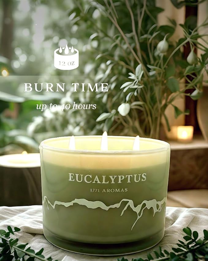 Eucalyptus Scented Candles - 100% Natural Soy Wax - Large 3 Wick Jar Candle - Up to 50 Hours Burning Time - Candles for Home