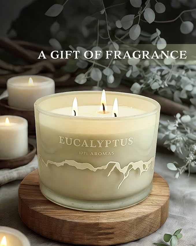 Eucalyptus Scented Candles - 100% Natural Soy Wax - Large 3 Wick Jar Candle - Up to 50 Hours Burning Time - Candles for Home