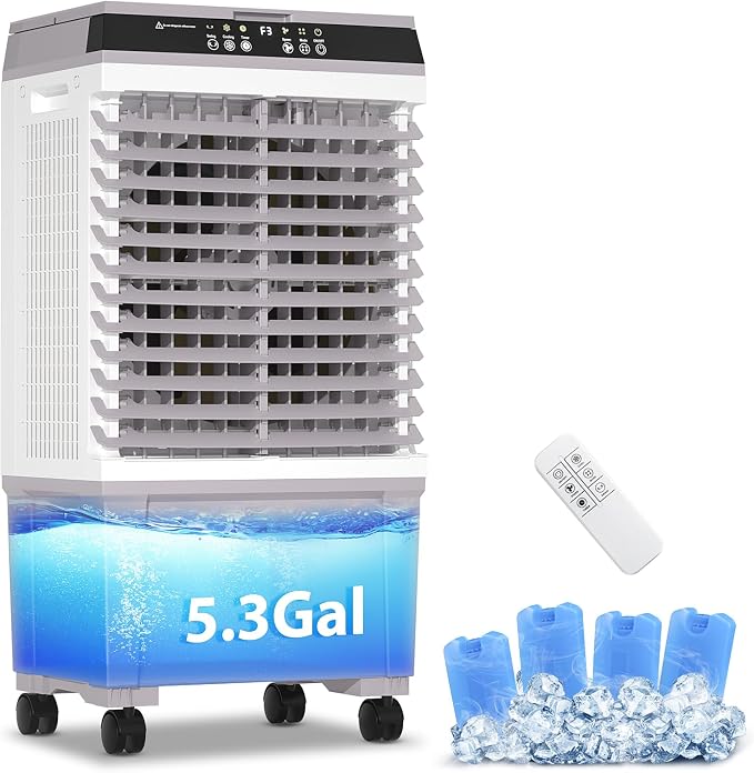 Evaporative Air Cooler 1800 CFM Swamp Cooler Portable Cooling Fan with 5.3 Gallon Water Tank Remote Control, 3 Speed 3 Modes