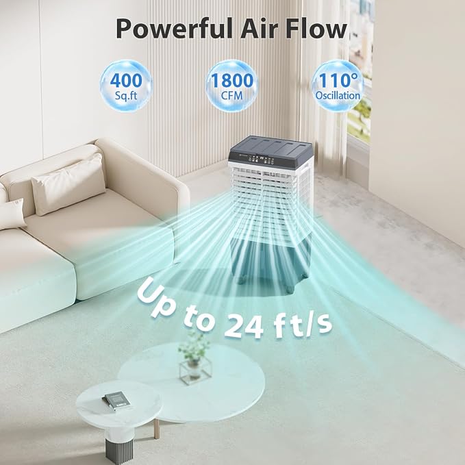 Evaporative Air Cooler 1800 CFM Swamp Cooler Portable Cooling Fan with 5.3 Gallon Water Tank Remote Control, 3 Speed 3 Modes