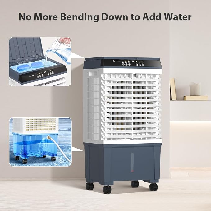 Evaporative Air Cooler 1800 CFM Swamp Cooler Portable Cooling Fan with 5.3 Gallon Water Tank Remote Control, 3 Speed 3 Modes