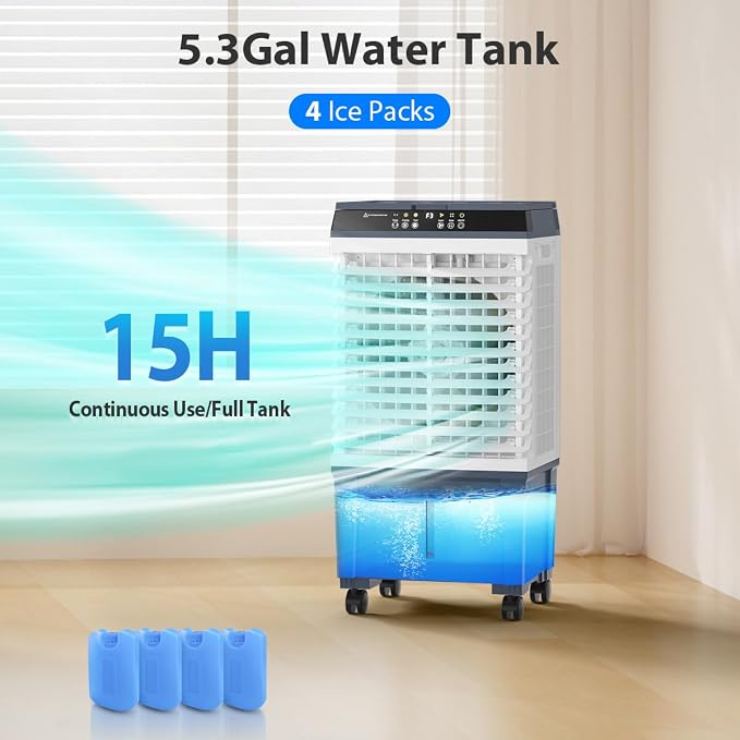 Evaporative Air Cooler 1800 CFM Swamp Cooler Portable Cooling Fan with 5.3 Gallon Water Tank Remote Control, 3 Speed 3 Modes