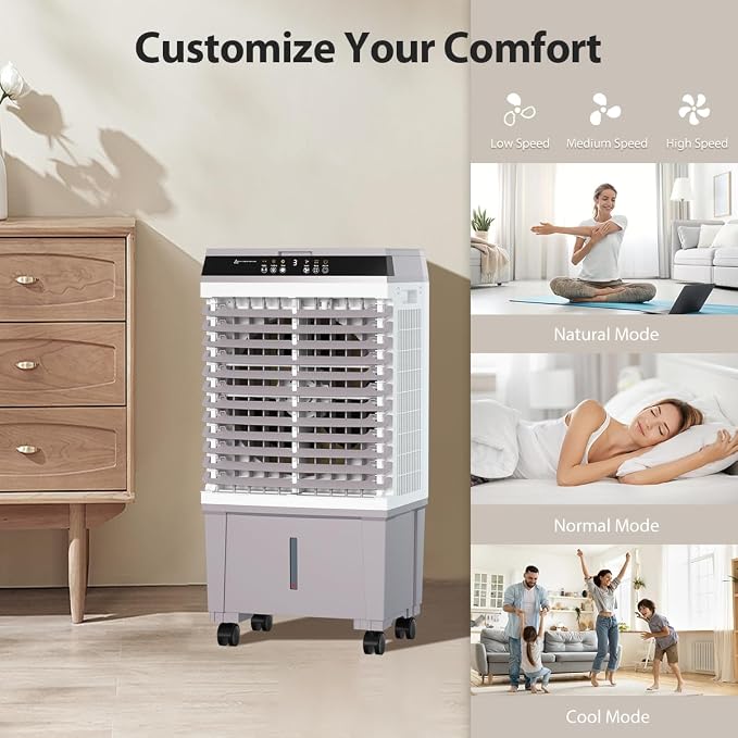 Evaporative Air Cooler 1800 CFM Swamp Cooler Portable Cooling Fan with 5.3 Gallon Water Tank Remote Control, 3 Speed 3 Modes