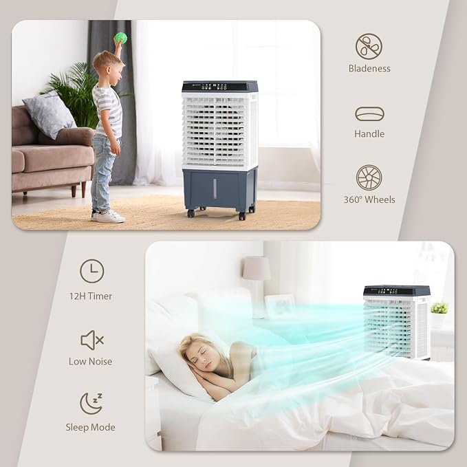 Evaporative Air Cooler 1800 CFM Swamp Cooler Portable Cooling Fan with 5.3 Gallon Water Tank Remote Control, 3 Speed 3 Modes