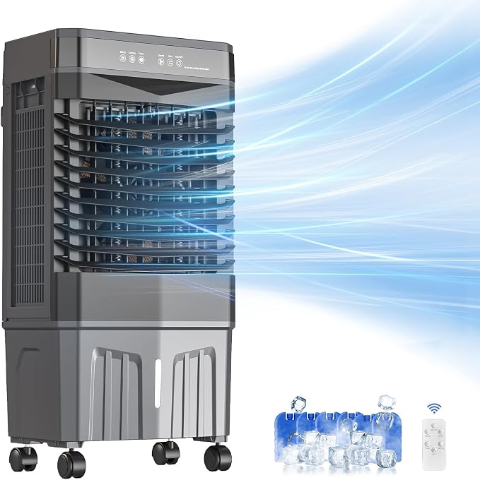 Evaporative Air Cooler, 1800 CFM Swamp Cooler with 5.3 Gal Water Tank & 6 Ice Packs, 3 Modes & 3 Speeds, 120° Oscillation