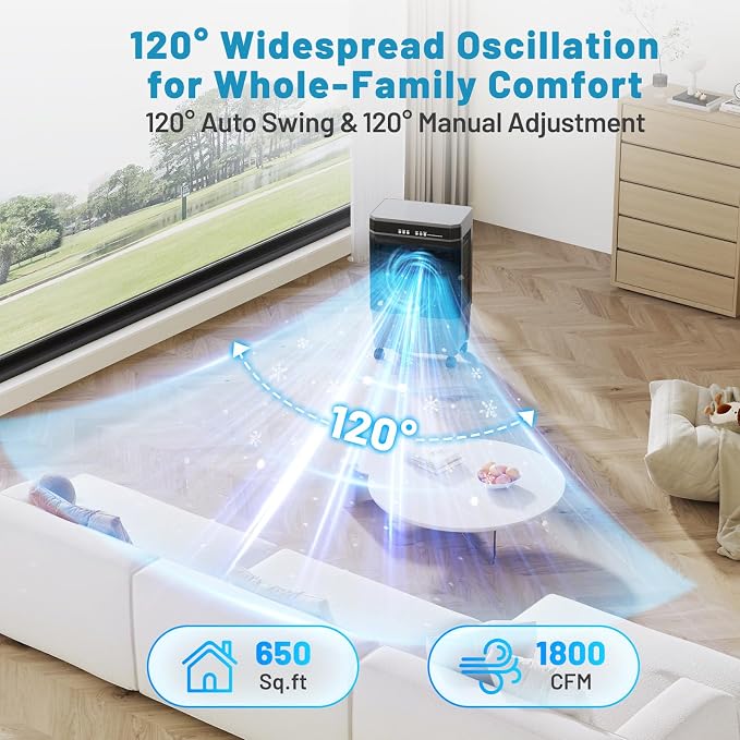 Evaporative Air Cooler, 1800 CFM Swamp Cooler with 5.3 Gal Water Tank & 6 Ice Packs, 3 Modes & 3 Speeds, 120° Oscillation