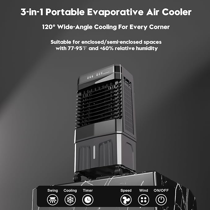 Evaporative Air Cooler, 1800 CFM Swamp Cooler with 5.3 Gal Water Tank & 6 Ice Packs, 3 Modes & 3 Speeds, 120° Oscillation