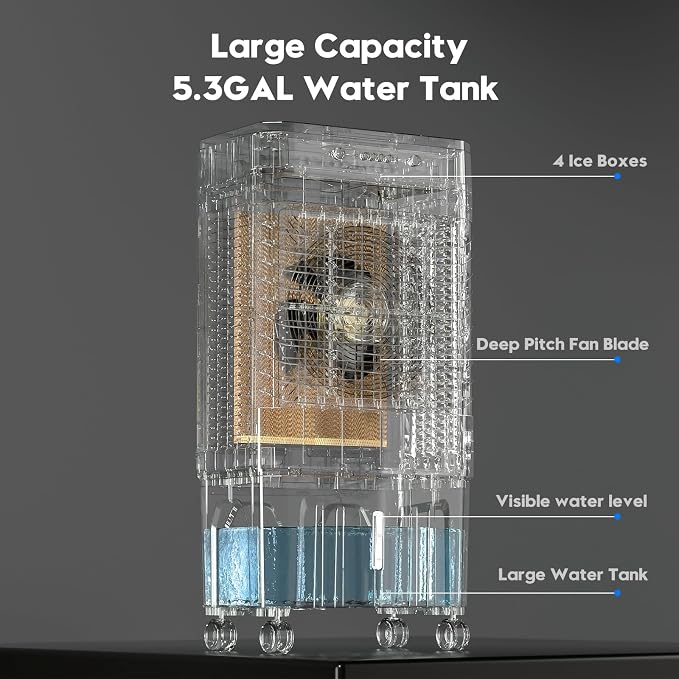 Evaporative Air Cooler, 1800 CFM Swamp Cooler with 5.3 Gal Water Tank & 6 Ice Packs, 3 Modes & 3 Speeds, 120° Oscillation