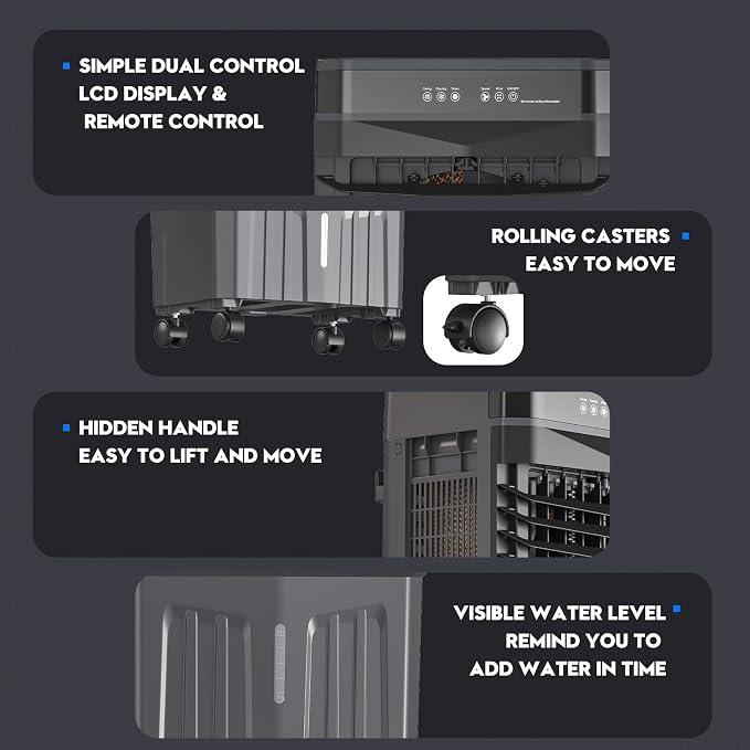Evaporative Air Cooler, 1800 CFM Swamp Cooler with 5.3 Gal Water Tank & 6 Ice Packs, 3 Modes & 3 Speeds, 120° Oscillation