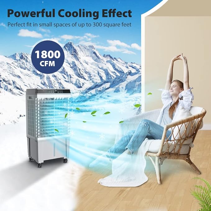 Evaporative Air Cooler, 1800CFM Windowless Air Conditioner Portable for Large Room Commercial Garage Outdoor, 3 In 1 Swamp