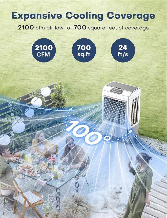 Evaporative Air Cooler, 2100CFM Windowless Air Conditioner Cooling up to 700 Sq.ft, Swamp Cooler Air Conditioner w/2 Modes &