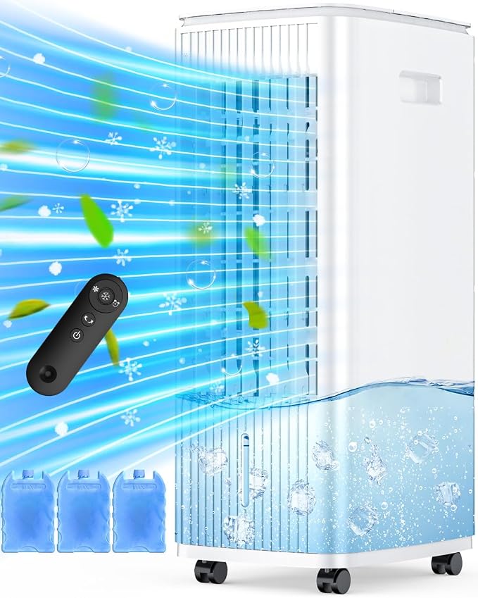Evaporative Air Cooler, 25 Inch Swamp Cooler Air Conditioner w/Double Tanks, 7H Timer, 16ft Remote, 3 Ice Packs, 70°