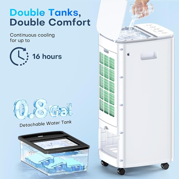 Evaporative Air Cooler, 25 Inch Swamp Cooler Air Conditioner w/Double Tanks, 7H Timer, 16ft Remote, 3 Ice Packs, 70°
