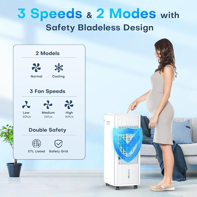 Evaporative Air Cooler, 25 Inch Swamp Cooler Air Conditioner w/Double Tanks, 7H Timer, 16ft Remote, 3 Ice Packs, 70°