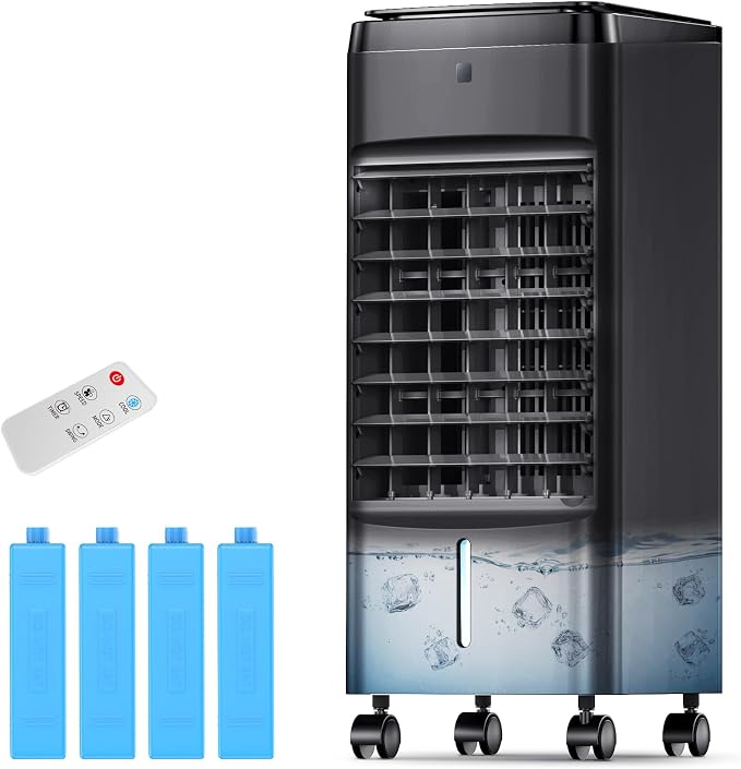 Evaporative Air Cooler, 3-IN-1 Air Conditioner Portable for Room w/ 4 Modes & 3 Speed, 12H Timer, 1 Gal Detachable Water