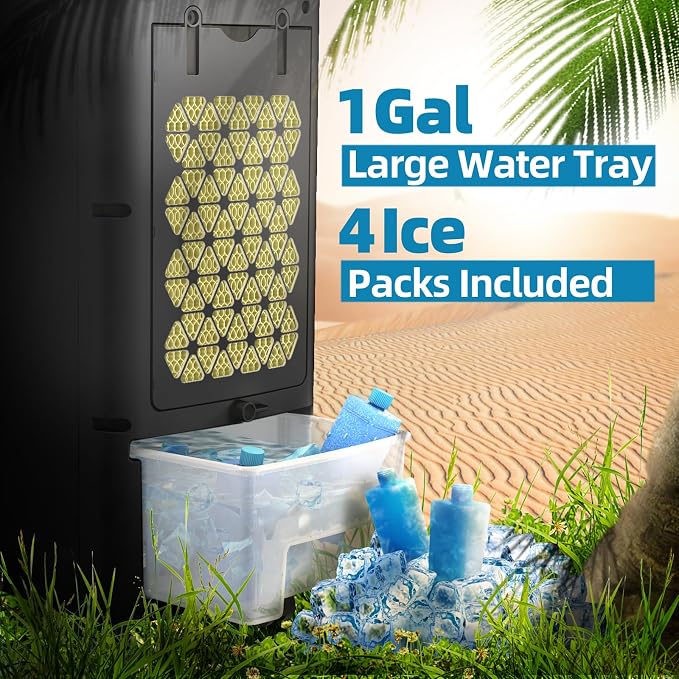 Evaporative Air Cooler, 3-IN-1 Air Conditioner Portable for Room w/ 4 Modes & 3 Speed, 12H Timer, 1 Gal Detachable Water