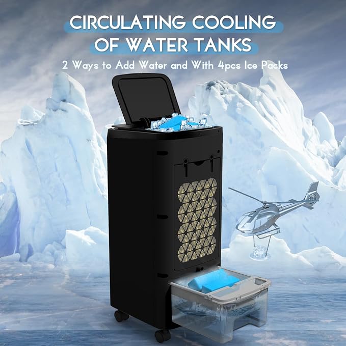 Evaporative Air Cooler, 3-IN-1 Air Conditioner Portable for Room w/ 4 Modes & 3 Speed, 12H Timer, 1 Gal Detachable Water