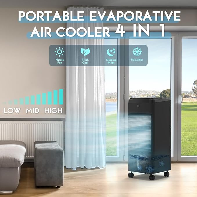 Evaporative Air Cooler, 3-IN-1 Air Conditioner Portable for Room w/ 4 Modes & 3 Speed, 12H Timer, 1 Gal Detachable Water