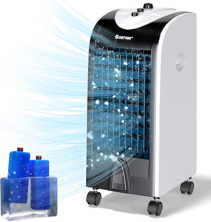 Evaporative Air Cooler, 3-in-1 Cooling Fan with 2 Ice Crystal Boxes, 3-Mode, 3-Speed and 4L Water Tank, Quiet