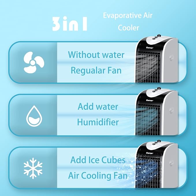 Evaporative Air Cooler, 3-in-1 Cooling Fan with 2 Ice Crystal Boxes, 3-Mode, 3-Speed and 4L Water Tank, Quiet, alternate view
