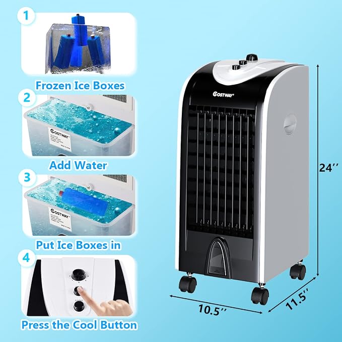 Evaporative Air Cooler, 3-in-1 Cooling Fan with 2 Ice Crystal Boxes, 3-Mode, 3-Speed and 4L Water Tank, Quiet, alternate view