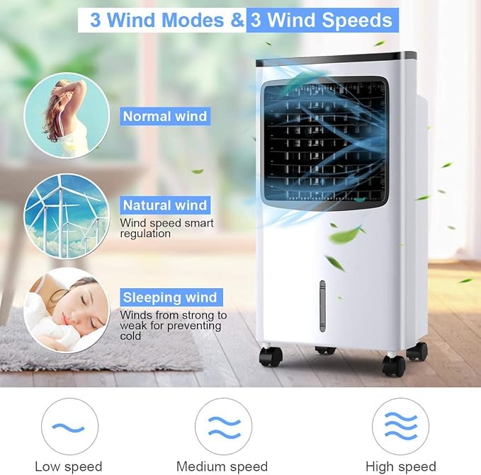 Evaporative Air Cooler, 3-in-1 Cooling Fan with Remote Control, 3-Mode, 3-Speed, 7.5H Timer Function, Portable, alternate