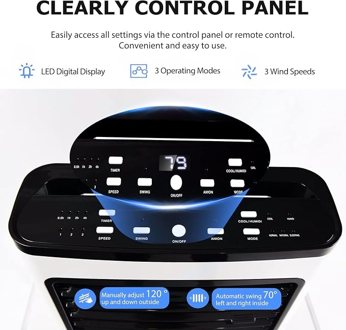 Evaporative Air Cooler, 3-in-1 Cooling Fan with Remote Control, 3-Mode, 3-Speed, 7.5H Timer Function, Portable, alternate