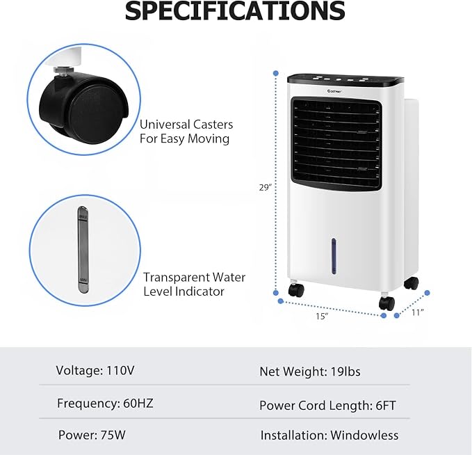 Evaporative Air Cooler, 3-in-1 Cooling Fan with Remote Control, 3-Mode, 3-Speed, 7.5H Timer Function, Portable, alternate