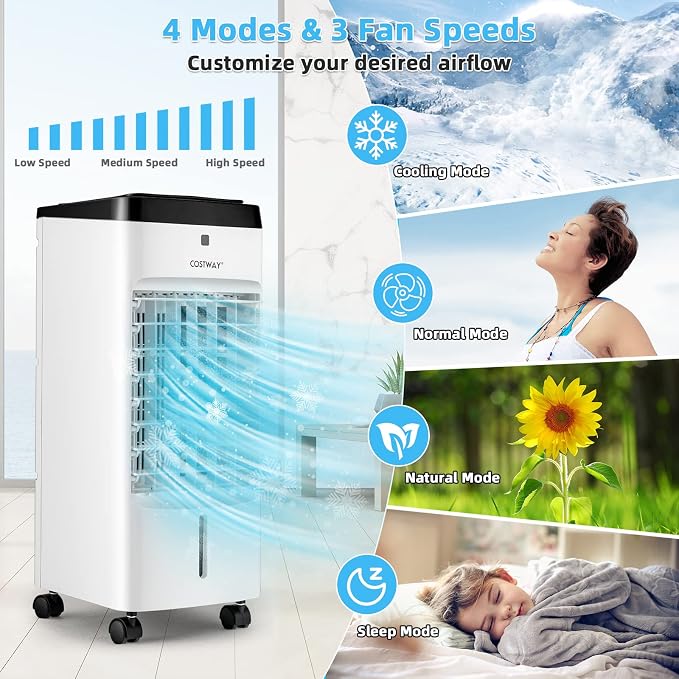 Evaporative Air Cooler, 3-in-1 Portable Quiet Swamp Cooler and Humidifier with Remote, 4 Modes, 70° Oscillation, 12H Timer