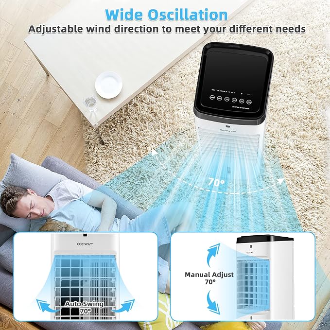 Evaporative Air Cooler, 3-in-1 Portable Quiet Swamp Cooler and Humidifier with Remote, 4 Modes, 70° Oscillation, 12H Timer
