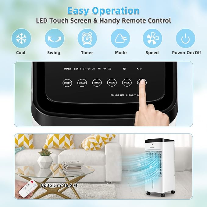 Evaporative Air Cooler, 3-in-1 Portable Quiet Swamp Cooler and Humidifier with Remote, 4 Modes, 70° Oscillation, 12H Timer