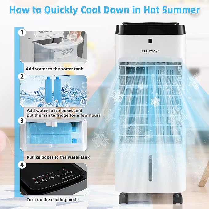 Evaporative Air Cooler, 3-in-1 Portable Quiet Swamp Cooler and Humidifier with Remote, 4 Modes, 70° Oscillation, 12H Timer
