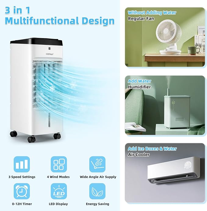 Evaporative Air Cooler, 3-in-1 Portable Quiet Swamp Cooler and Humidifier with Remote, 4 Modes, 70° Oscillation, 12H Timer