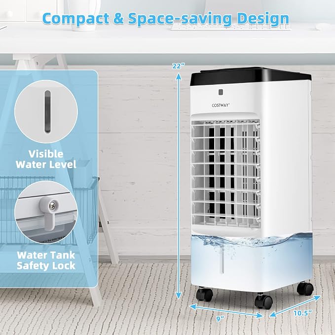 Evaporative Air Cooler, 3-in-1 Portable Quiet Swamp Cooler and Humidifier with Remote, 4 Modes, 70° Oscillation, 12H Timer